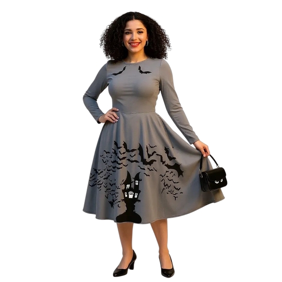 Gothic Bats Pockets Pinup Long Sleeve Dress - Picture 8 of 12